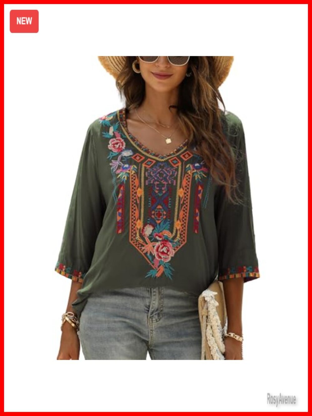 Mexican Embroidered Peasant Blouse 3/4 Sleeve Boho Top for Women